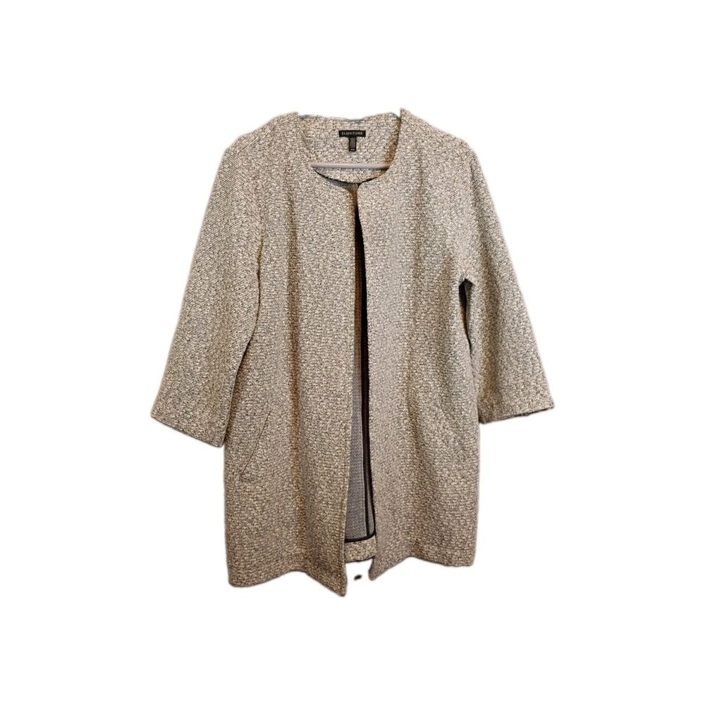 Eileen Fisher Jacket Blazer Long Line Open Front 3/4 Sleeve Pockets Medium